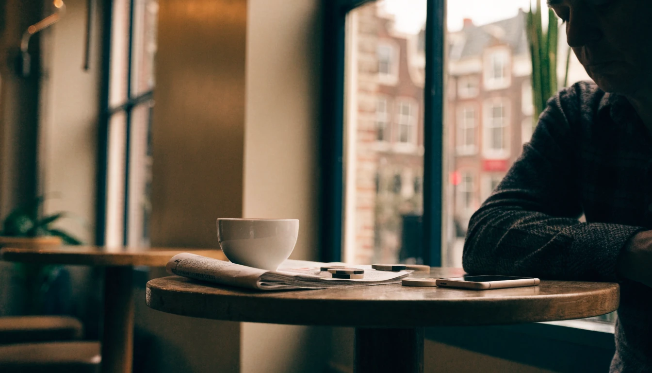 Persoon aan cafétafel met omgedraaide telefoon en casino fiches