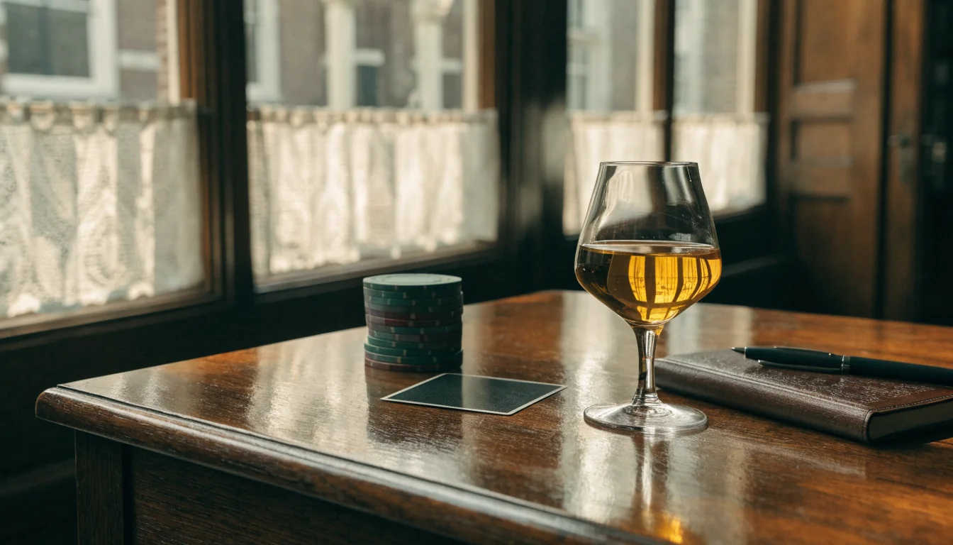 Stilleven met casinofiches, kaart en jenever in een Amsterdams grachtenpand