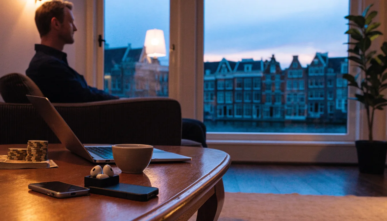 Nederlandse woonkamer met speelchips en euro's bij avondlicht