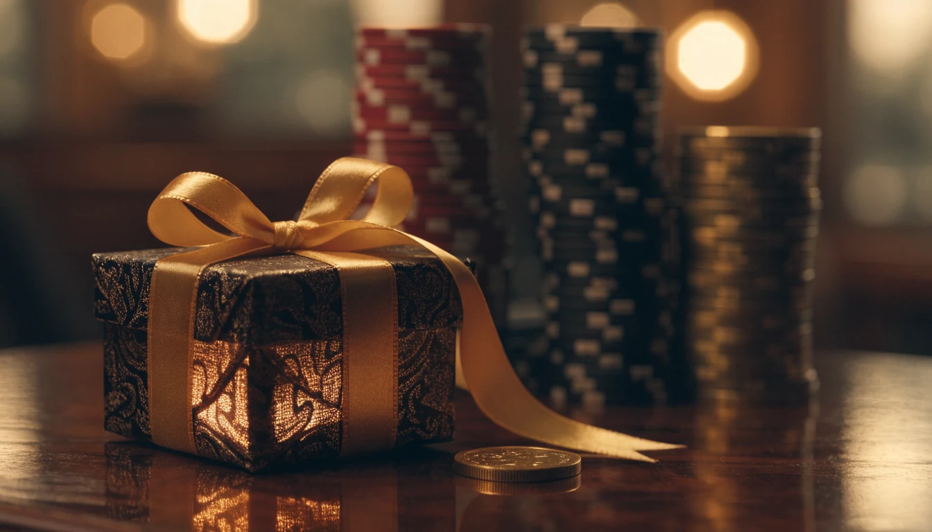 Stapel casinofiches en een gouden cadeau op een donker houten tafel met warme sfeer.