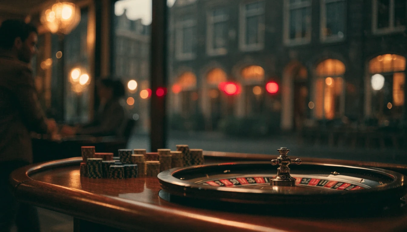Sfeervolle casinozaal in Amsterdam met roulette en chips
