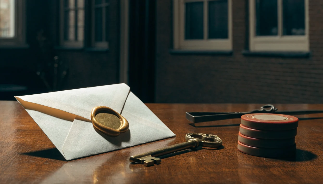 Verzegelde envelop met chip en sleutel op een houten tafel