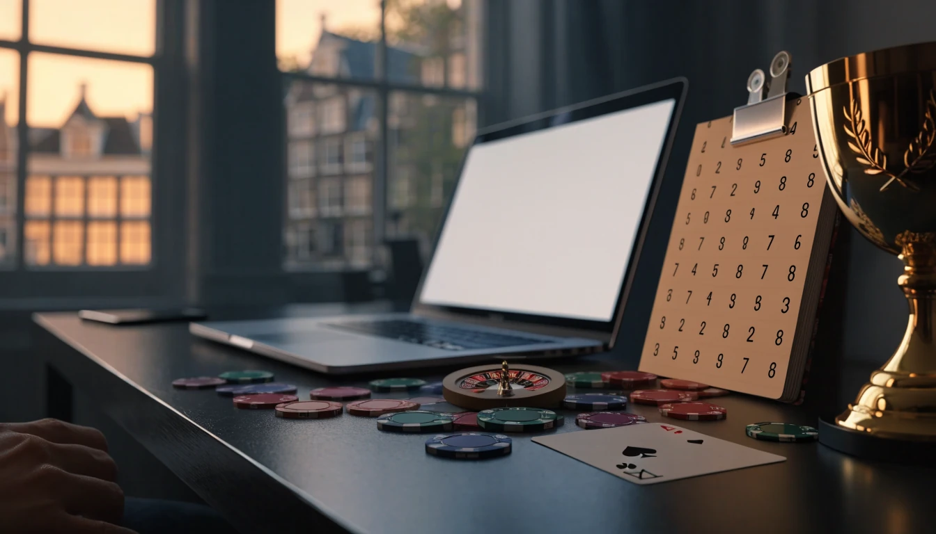Online casino toernooiscène met laptop, fiches en trofee