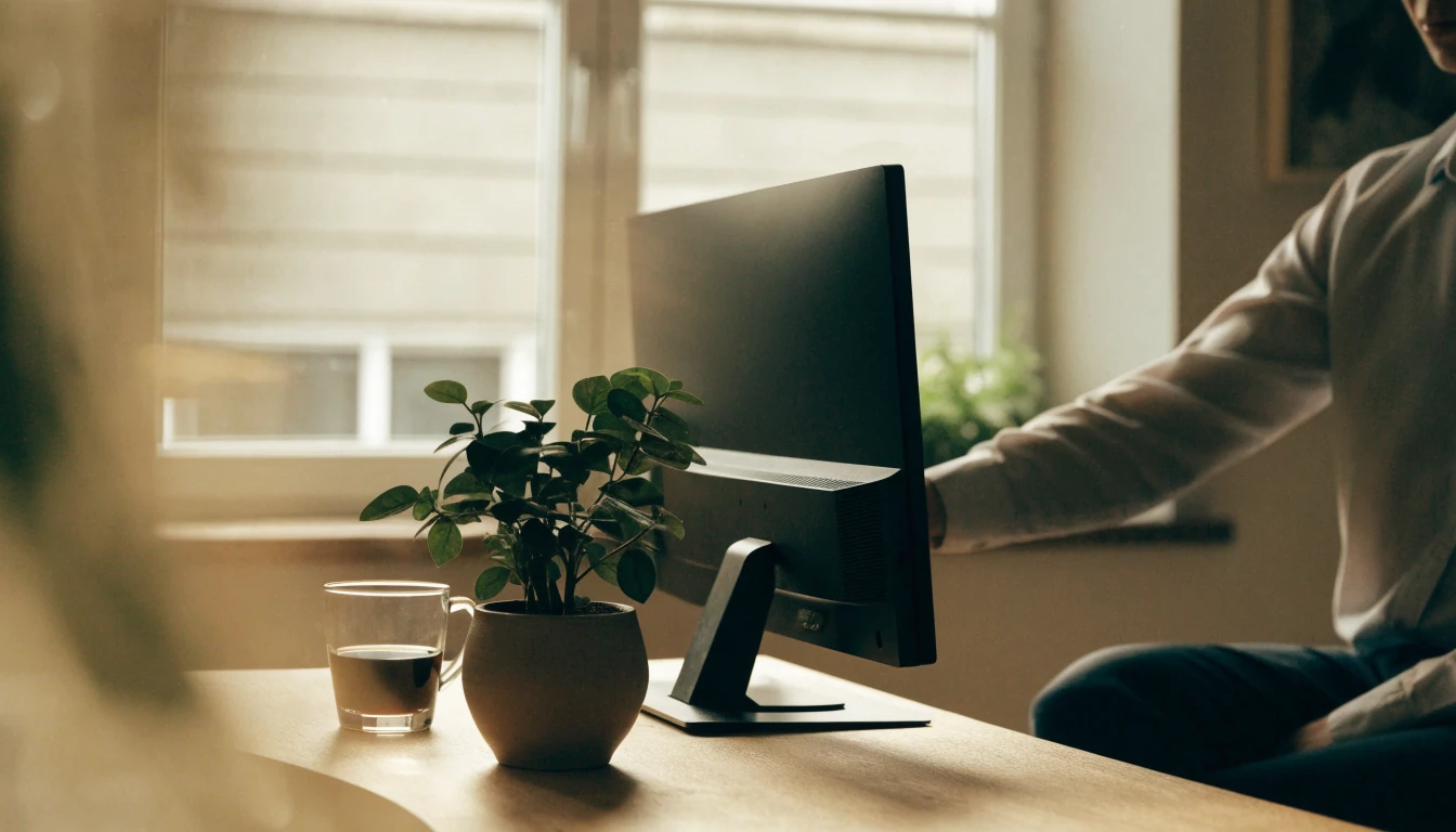 Een moderne monitor op een bureau met koffie, symbool voor browsergames zonder Flash.