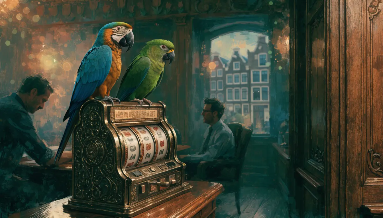 Kleurrijke papegaaien bovenop een klassieke gokkast in een sfeervol Nederlands casino-interieur